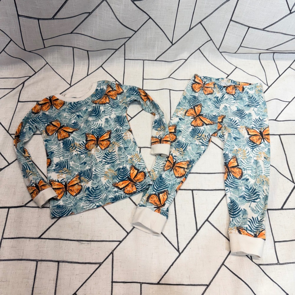 Burts Bees Baby Pajamas 2T Organic Cotton Butterfly Fern 2pc Set Teal Orange - Picture 2 of 11